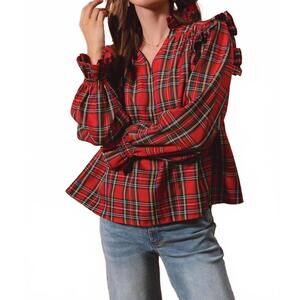 NEW SO ME checkered plaid blouse in red multi